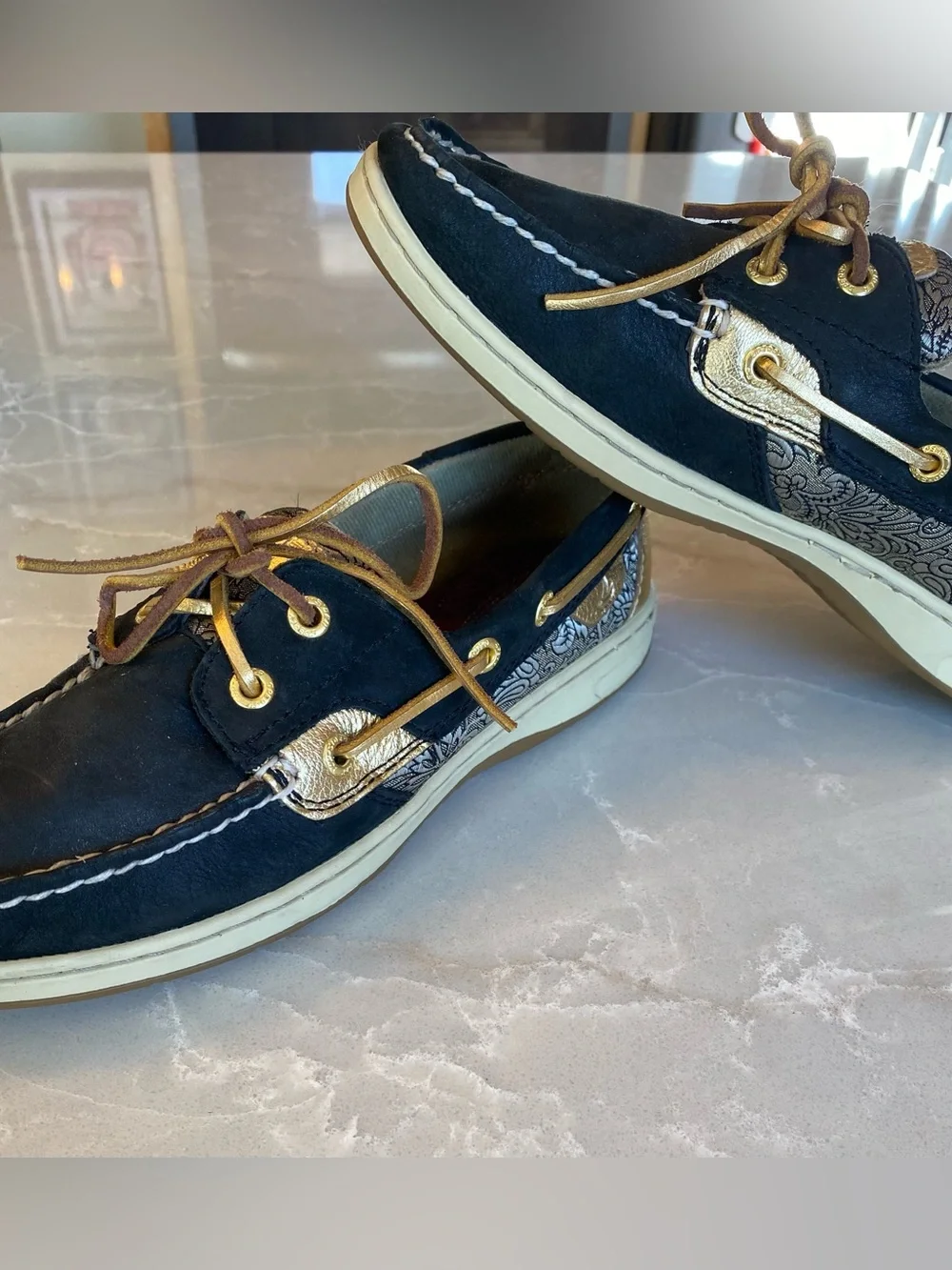 Sperry Women’s Angelfish Top-Sider Black & Gold Paisley Leather Boat Shoes size8